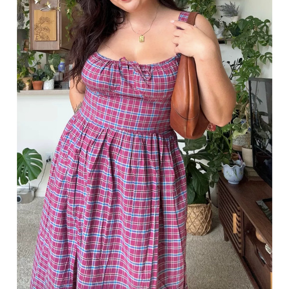 Free People Laters Baby Midi Dress Large Plaid Cotton Bustier Pockets Plum Combo - Picture 1 of 9